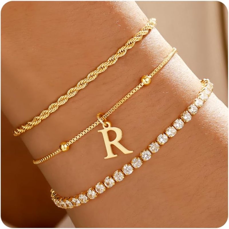 JIAOGE Valentines Day Gifts for Her Kids - Dainty Gold Bracelets for Women Personalized Gold/Silver Initial Bracelet Stack Stackable Rope Box Chain Tennis Bracelets for Girls Jewelry Set - Image 1